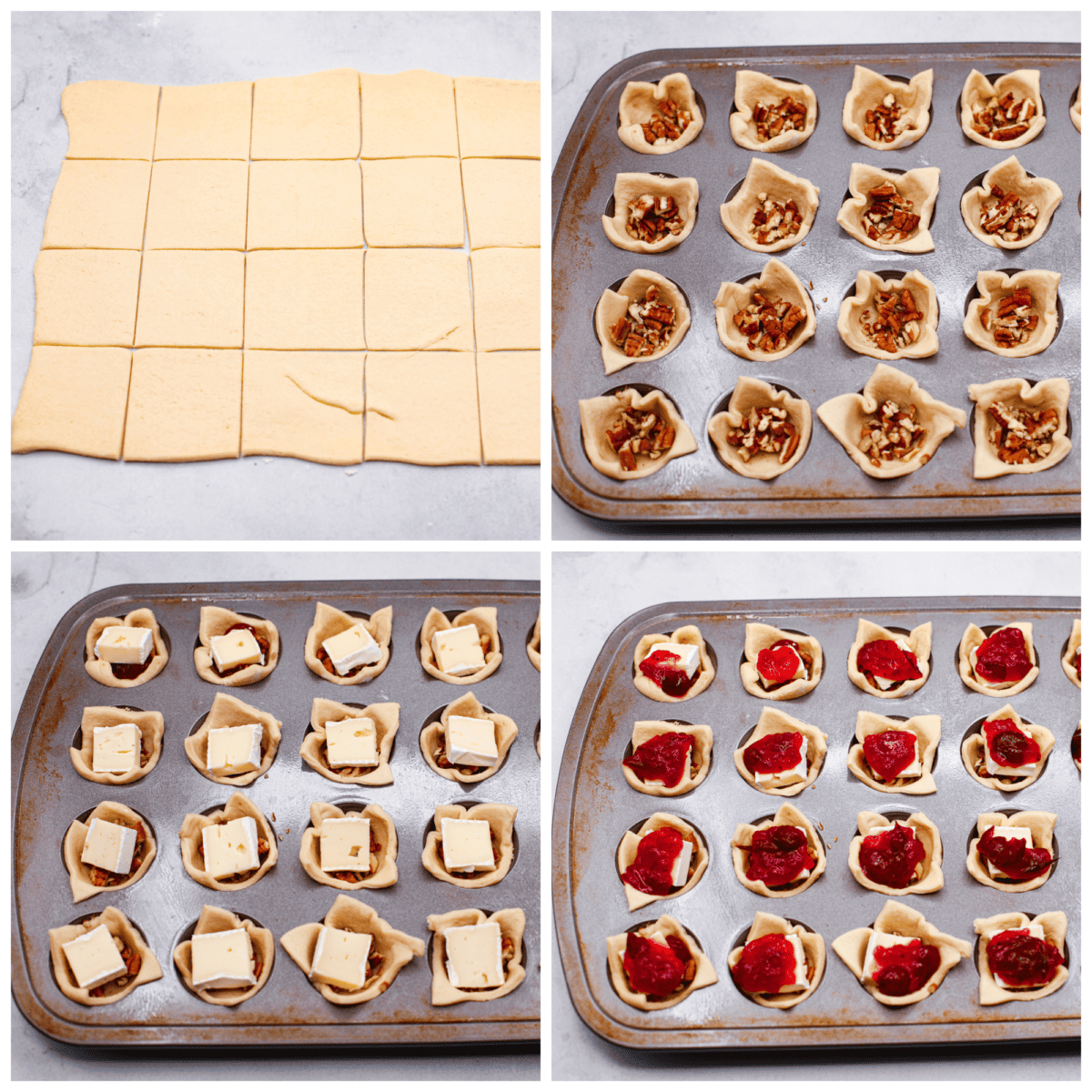 4 pictures in ca collage of the process on how to add the ingredients to the crescent roll in the pan. 