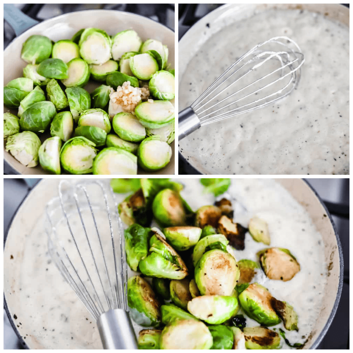 First photo of brussels sprouts and garlic added to the skillet. Second photo of the creamy sauce in a pan. Third photo of the cooked brussels sprouts add to the pan of sauce.