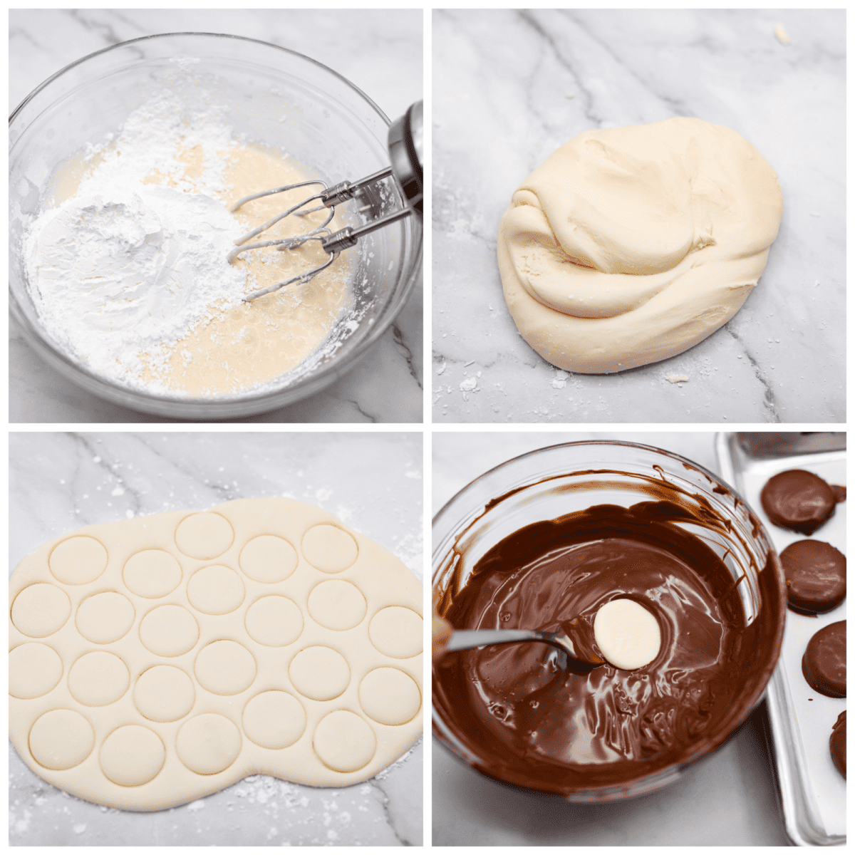 4-photo collage of the dough and chocolate coating being prepared.