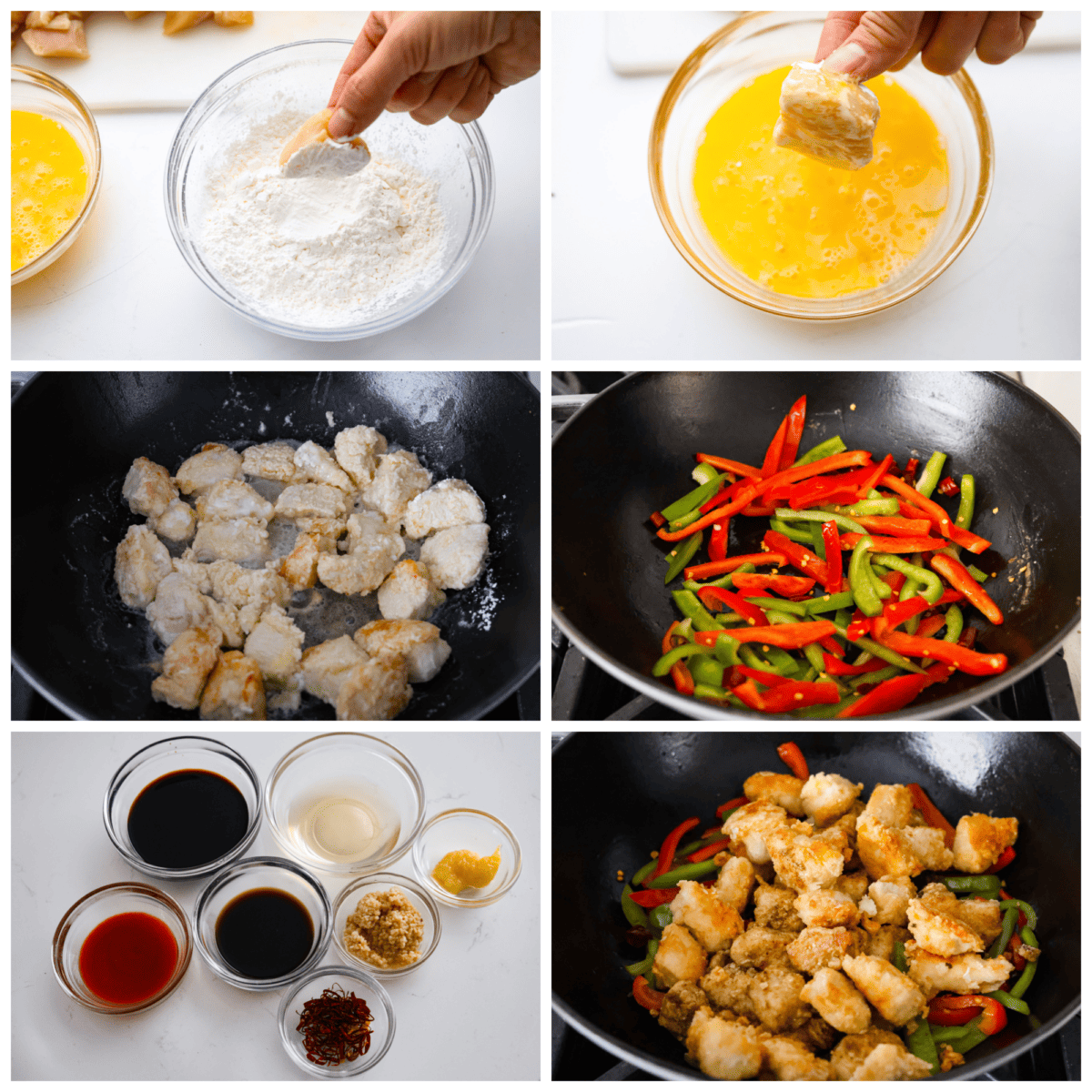 6-photo collage of the chicken, sauce, and stir fry being prepared.