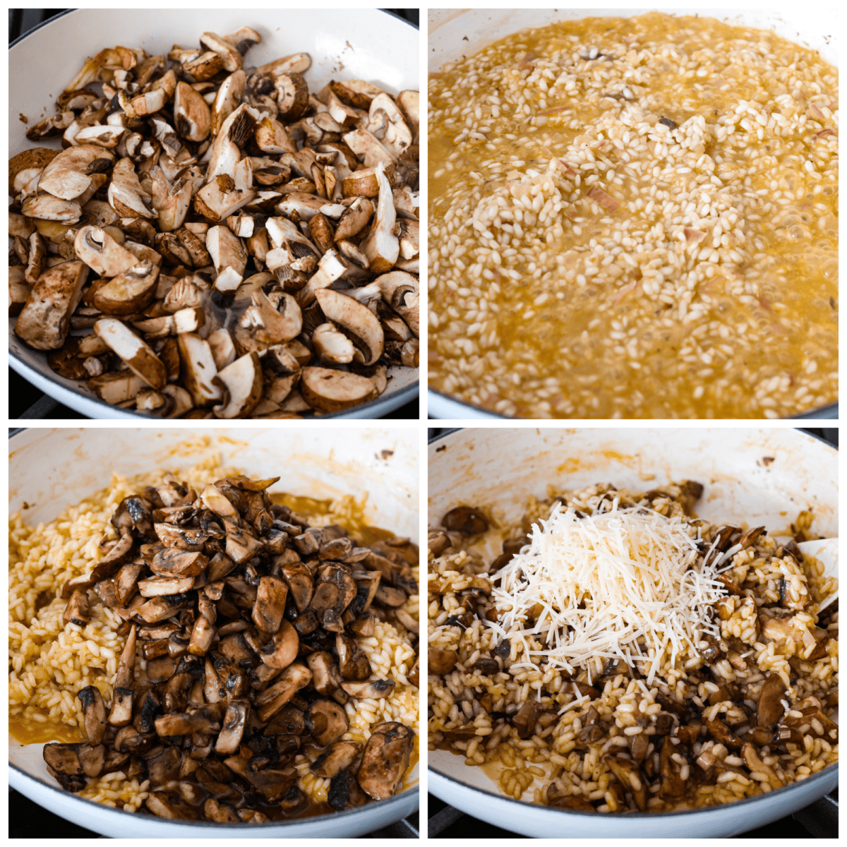 A collage of four photos showing mushrooms and rice being cooked together.