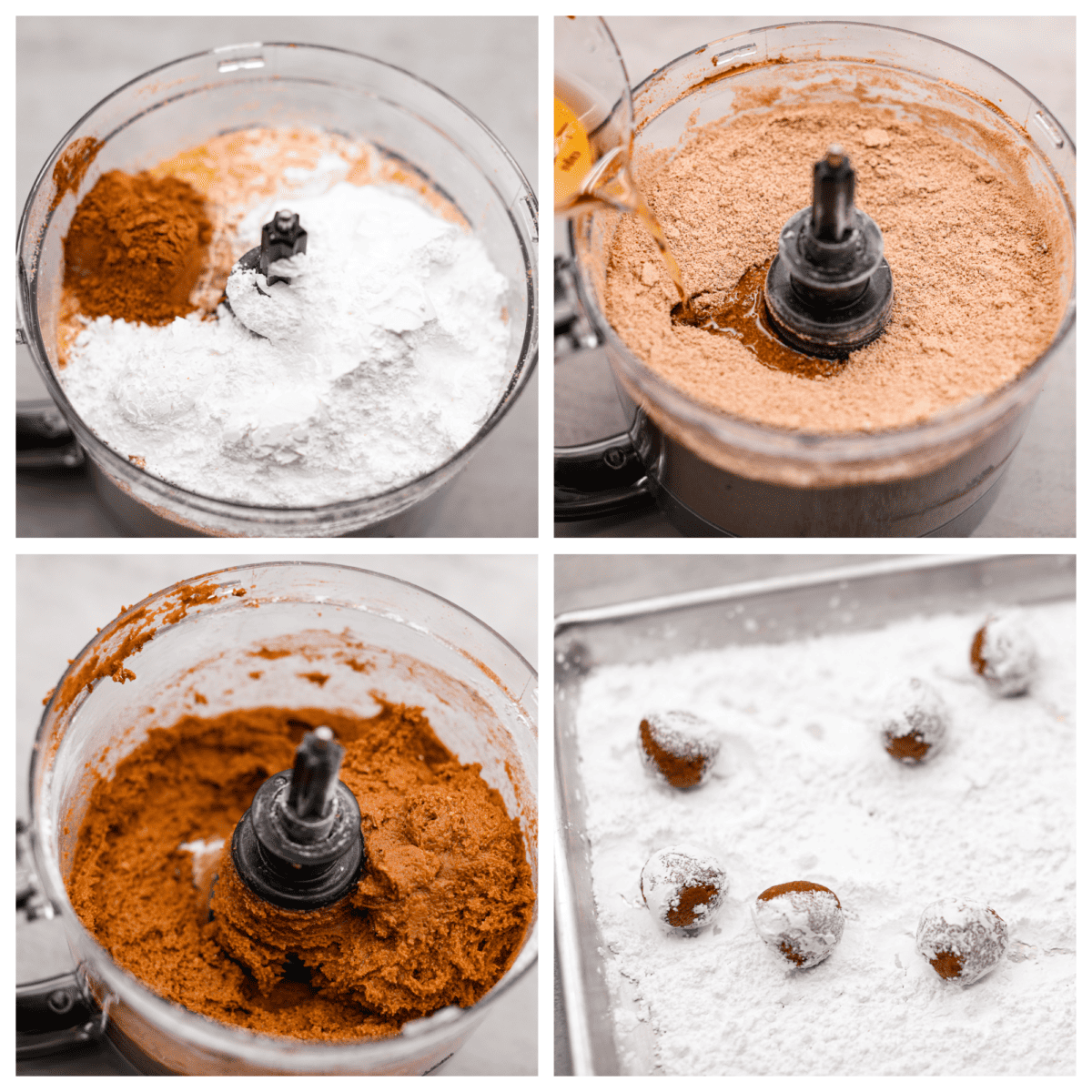 First photo of cookie crumbs, powdered sugar, and cocoa powder in a food processor. Second photo of rum pouring into the food processor. Third photo of the dough mixed in the food processor. Fourth photo of the rum balls rolling in powdered sugar.