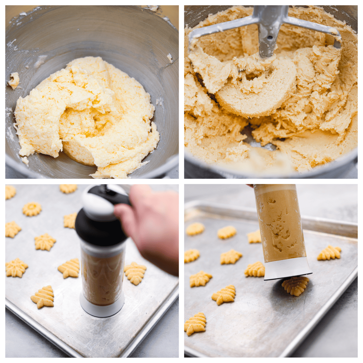 4-photo collage of the dough being prepared and put through a cookie press.