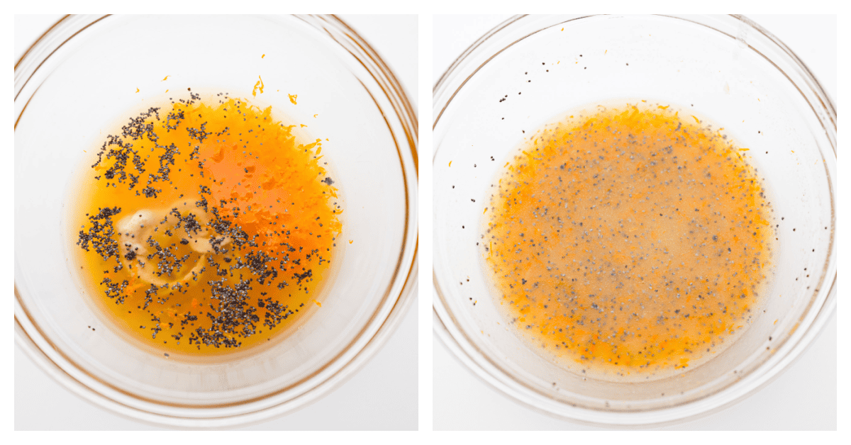 First photo of orange vinaigrette in a bowl. Second photo of vinaigrette ingredients mixed together in a bowl.