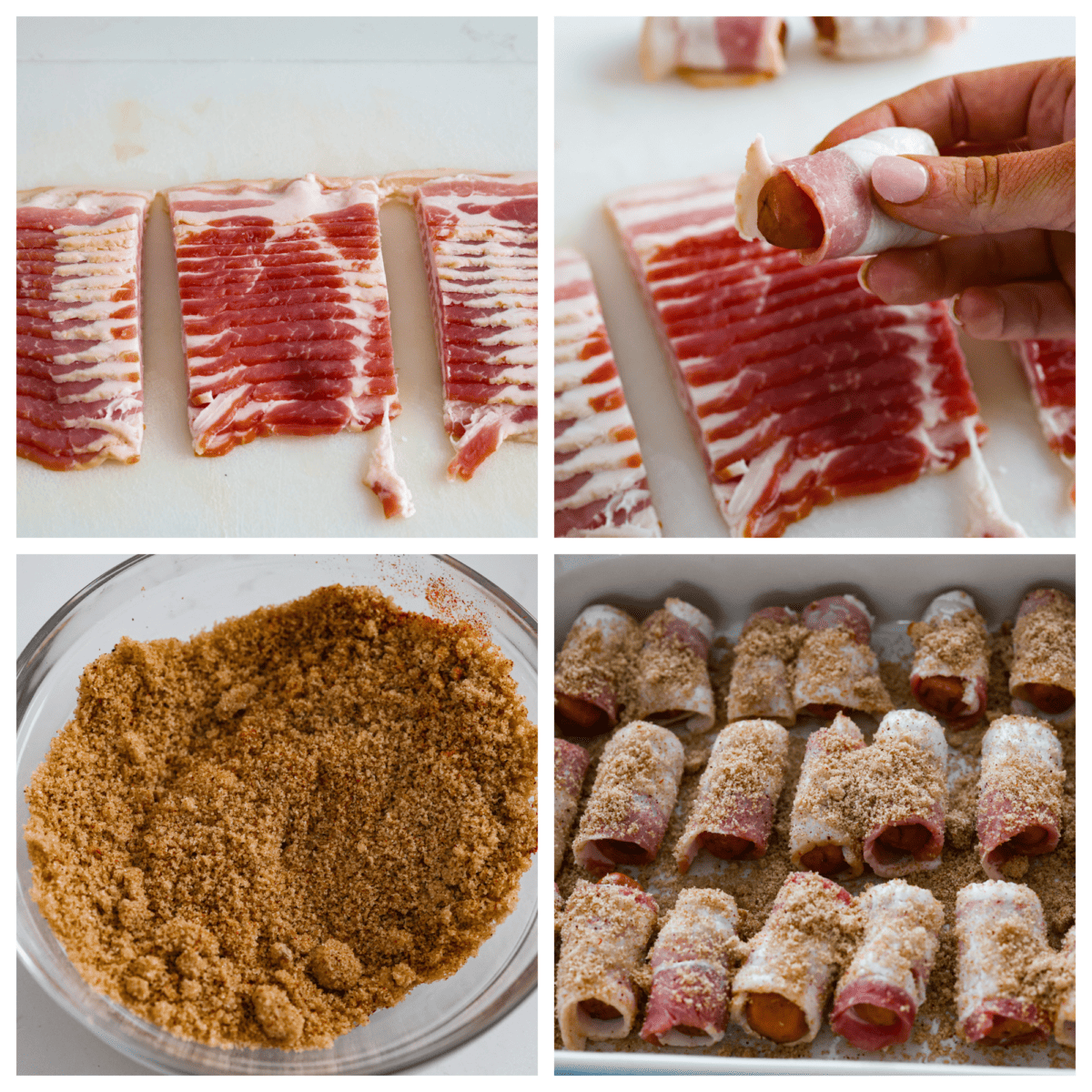 First photo of bacon cut in thirds. Second photo of bacon wrapping around a sausage. Third photo of sugar and spices mixed.  Fourth photo of the sugar mixture sprinkled on top of the bacon wrapped smokies. 