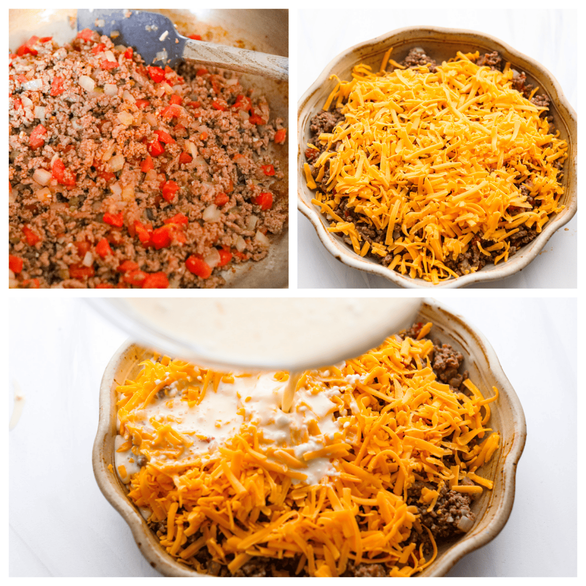 First photo of the meat mixture in a skillet. Second photo of cheese sprinkled on top of the pie. Third photo of the Bisquick mixture pouring on the pie.