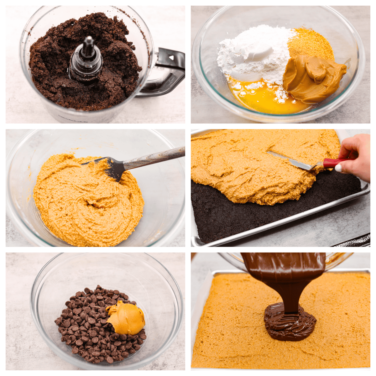 6-photo collage of the dessert bars being layered with Oreo, peanut butter, and chocolate.