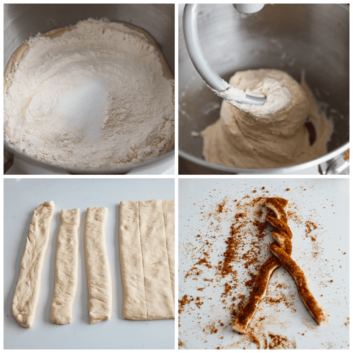Everyone LOVES these sweet and fluffy cinnamon roll breadtwists. Homemade dough twisted and baked in brown sugar cinnamon goodness. It's like eating the middle of a cinnamon roll! Perfect for breakfast, enjoy as a snack, or delicious as a dessert. First photo of dry ingredients added to the wet ingredients. Second photo of the dough mixed in a stand mixer. Fourth photo of the dough strips. Fourth photo of the cinnamon roll bread twists being shaped.