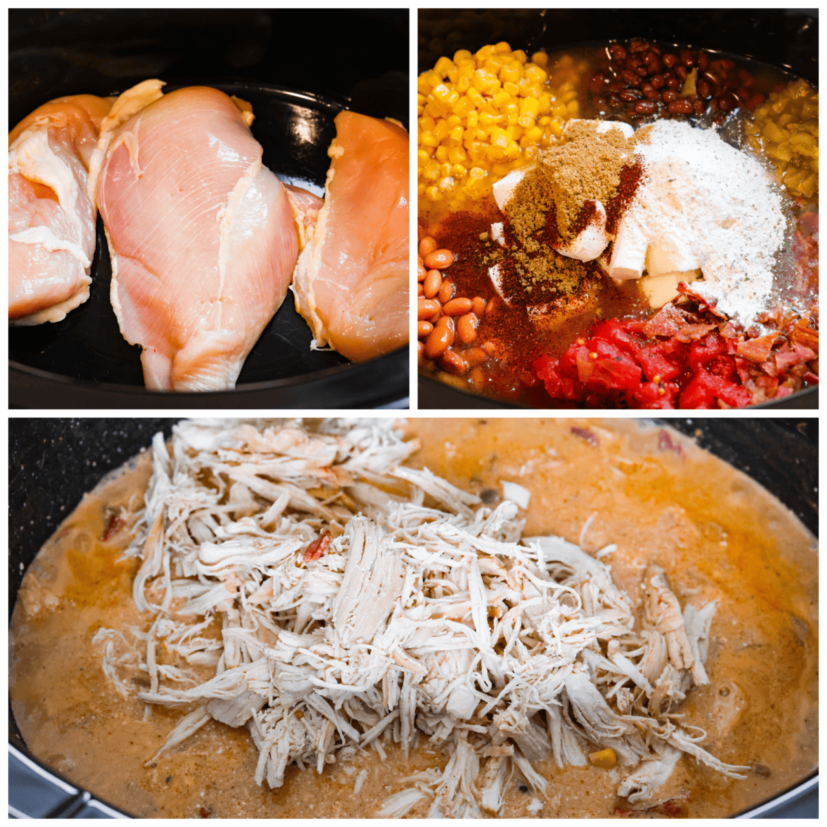 First photo of chicken in a crockpot. Second photo of ingredients added on top of the chicken. Third photo of chicken shredded and added to the chili.
