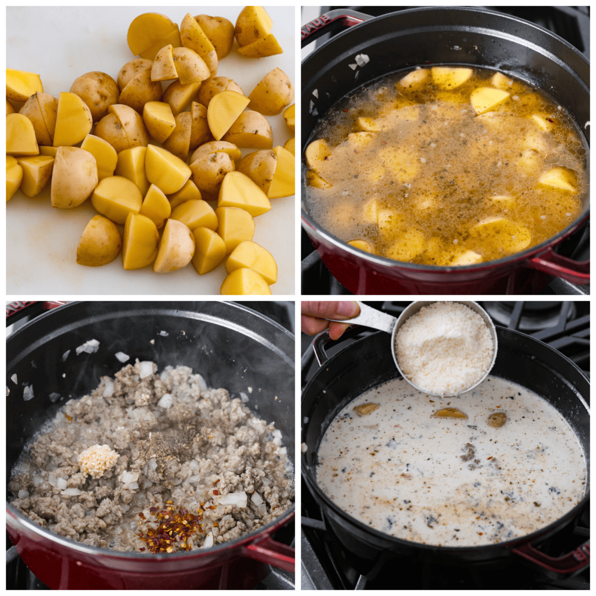 4-photo collage of the creamy sausage and potato soup being prepared.