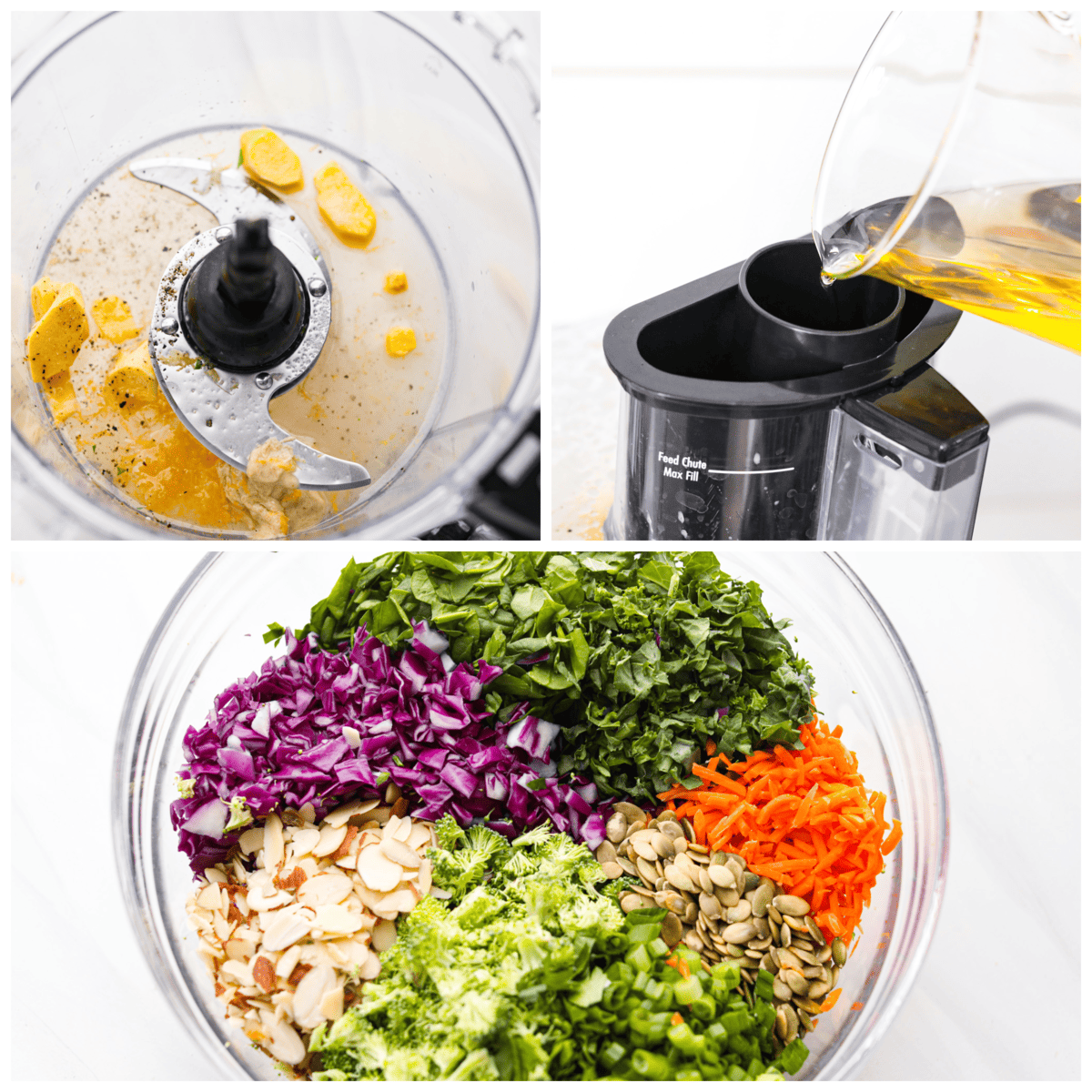 This healthy and colorful detox salad is LOADED with lots of greens and fresh veggies. The added nuts and seeds give a delicious crunch and texture to the salad. Drizzled with a lemon ginger vinaigrette, this salad has so many vibrant flavors! First photo of the vinaigrette ingredients in a food processor. Second photo of the olive oil blending into the vinaigrette. Third photo of the salad ingredients in a bowl.