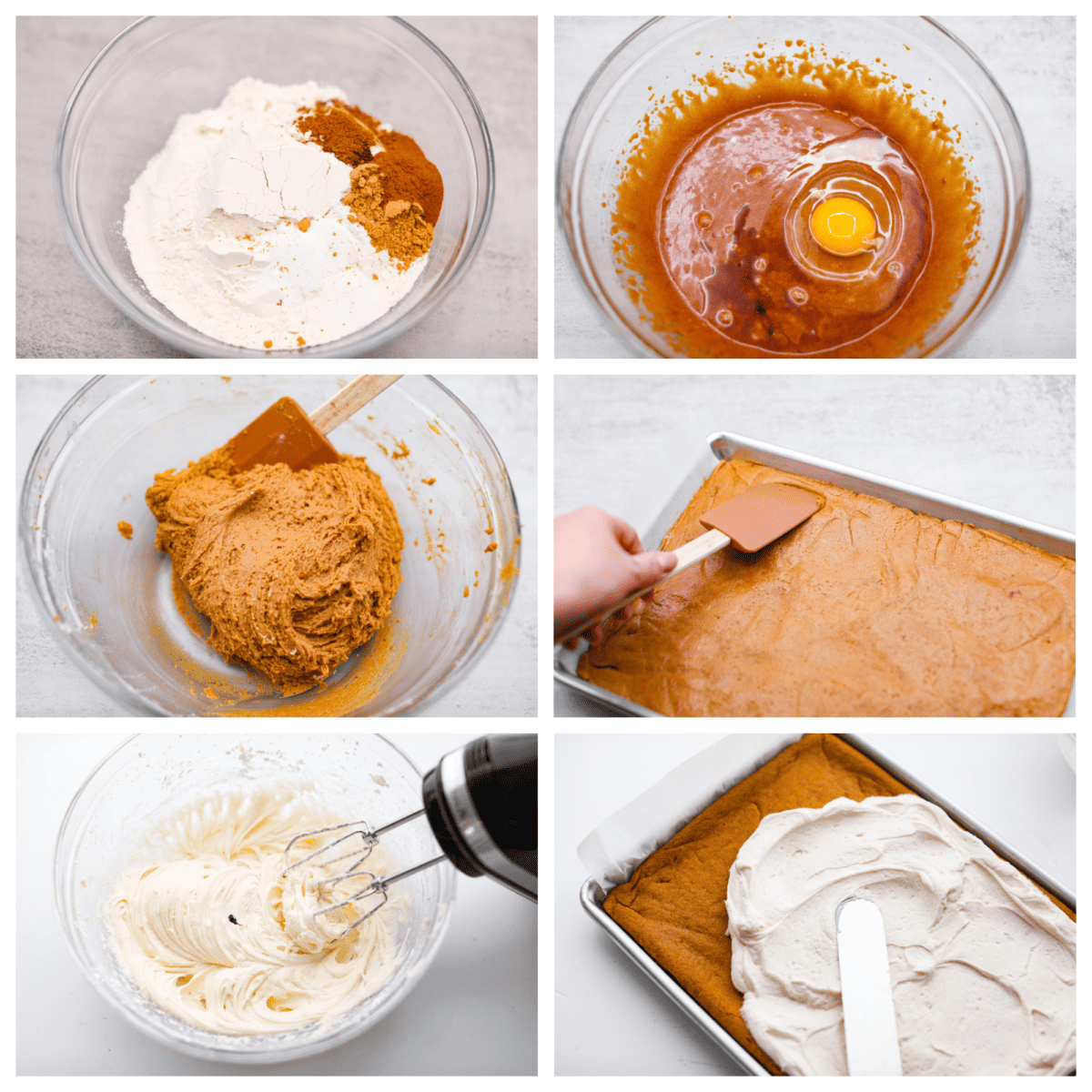 First photo of dry ingredients added to a bowl. Second photo of wet ingredients added to a bowl. Third photo of the dough mixed together in a bowl. Fourth photo of the dough pressed into a pan. Fifth photo of the frosting mixed in a bowl. Sixth photo of the bars being frosted.