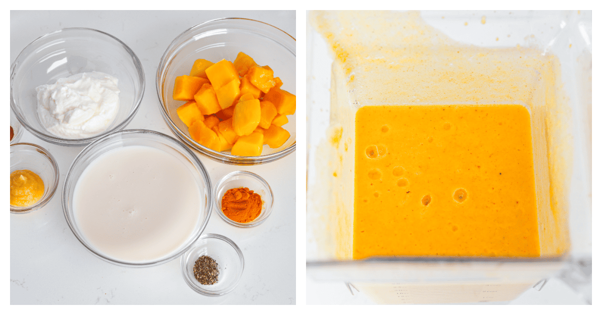 First photo of the smoothie ingredients separated into bowls. Second photo of the smoothie ingredients mixed in a blender.