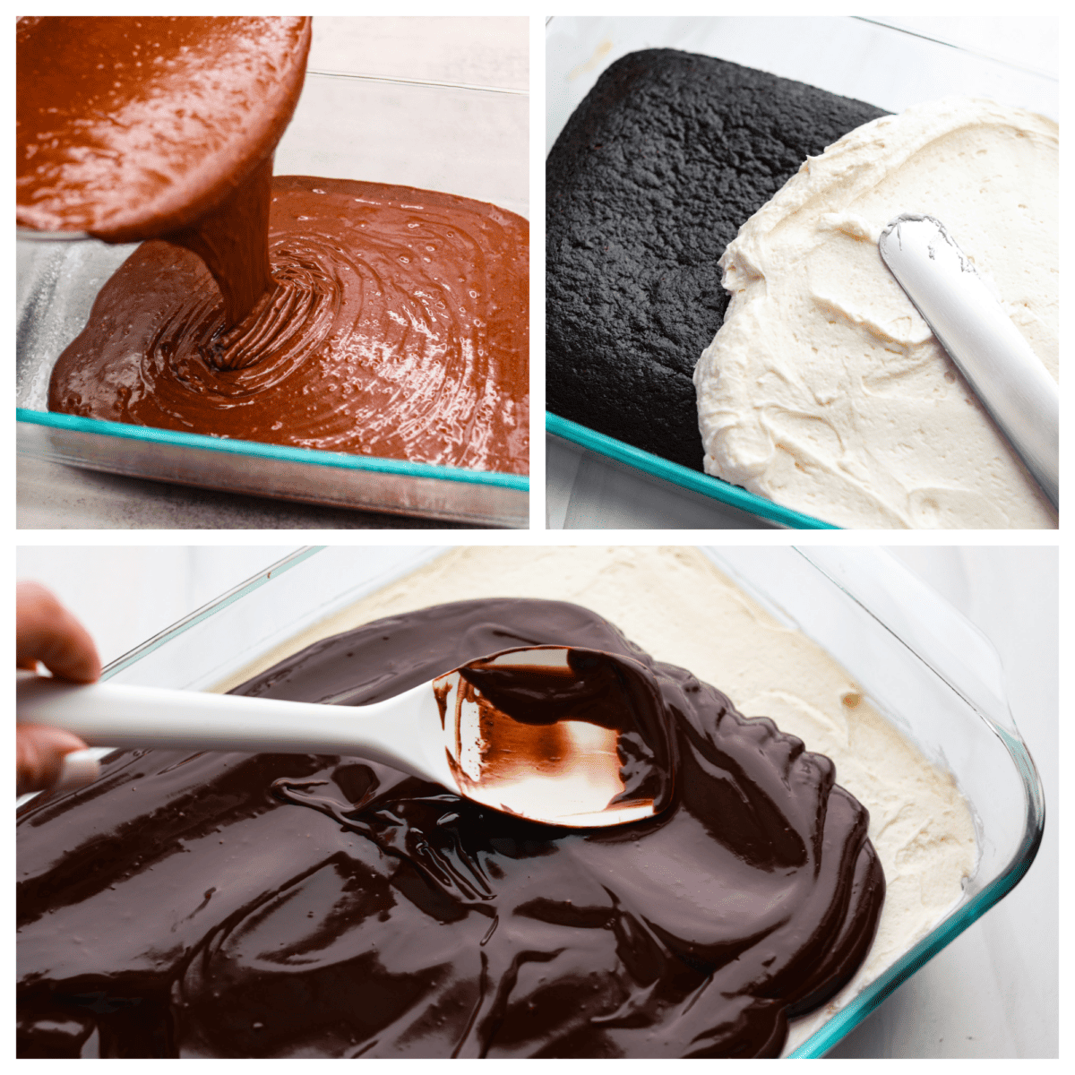 First photo of cake batter pouring into a pan. Second photo of the cake being frosting with the cream filling. Third photo of the ganache spreading on the cake.
