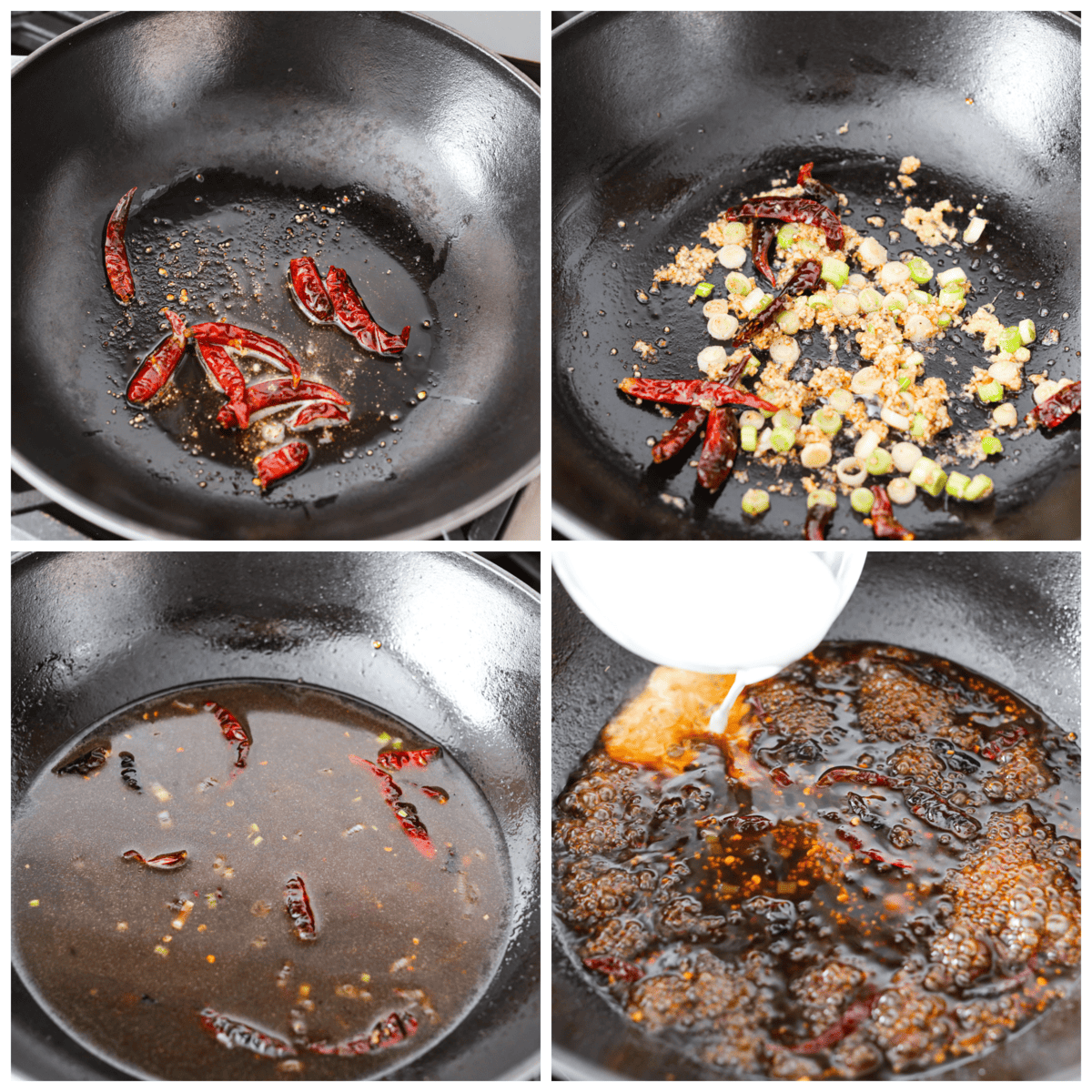 Sweet, sour, and spicy, Kung Pao Sauce is easy to make and the perfect addition for your Chinese-inspired dishes. This homemade version is so flavorful, you'll never want store-bought again! 4-photo collage of all of the sauce ingredients being combined.
