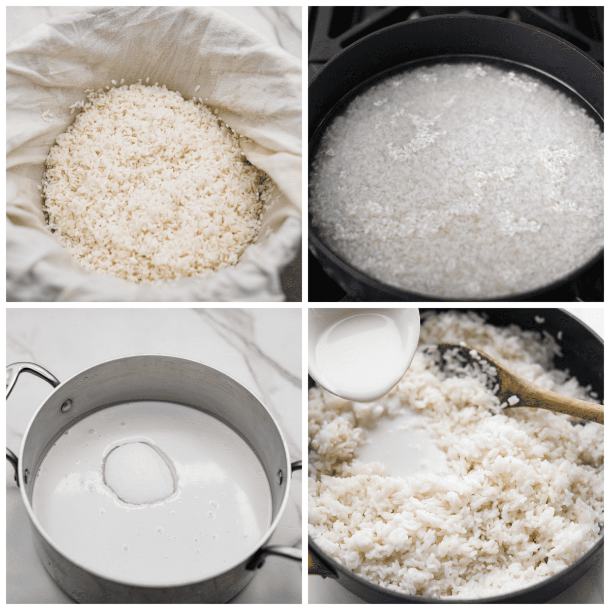 4-photo collage of the rice and sauce being prepared.