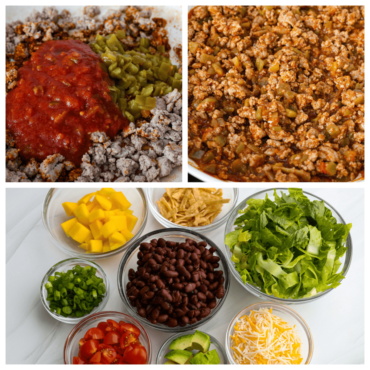 3-photo collage of the ground turkey and toppings being prepared.