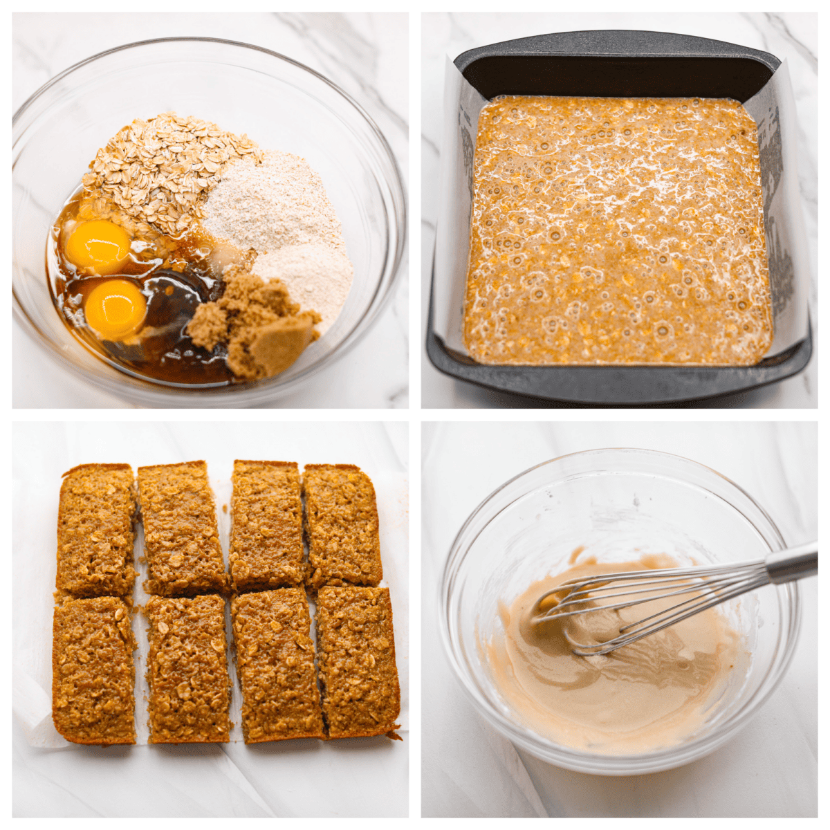 A collage of 4 pictures showing how to mix the ingredients in a bowl and bake the bars. 