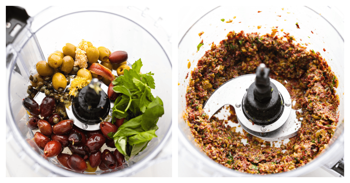 First photo of the tapenade ingredients in the food processor. Second photo of the tapenade pulsed in a food processor. 