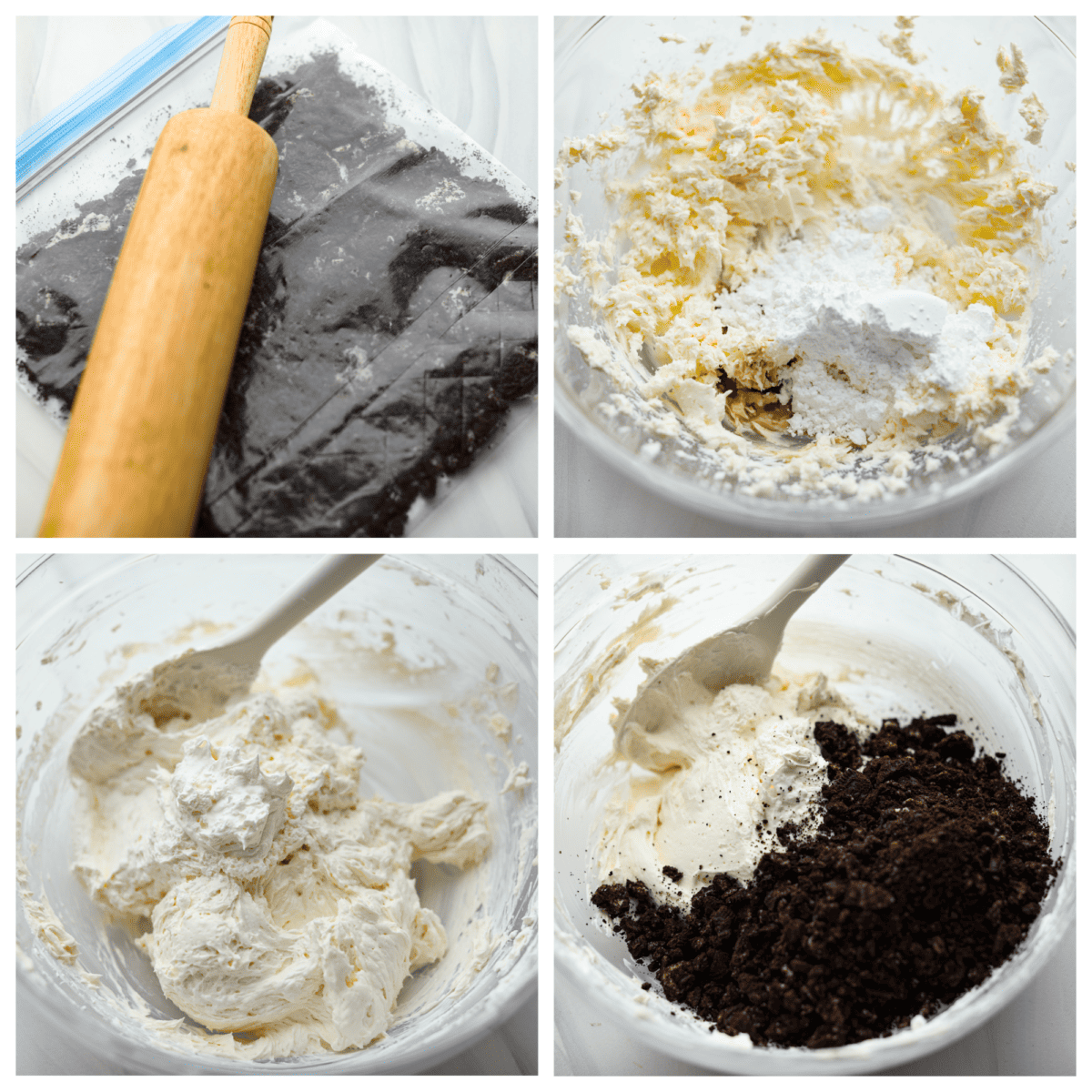 4-photo collage of the Oreos being crushed, and the dip ingredients being mixed together.