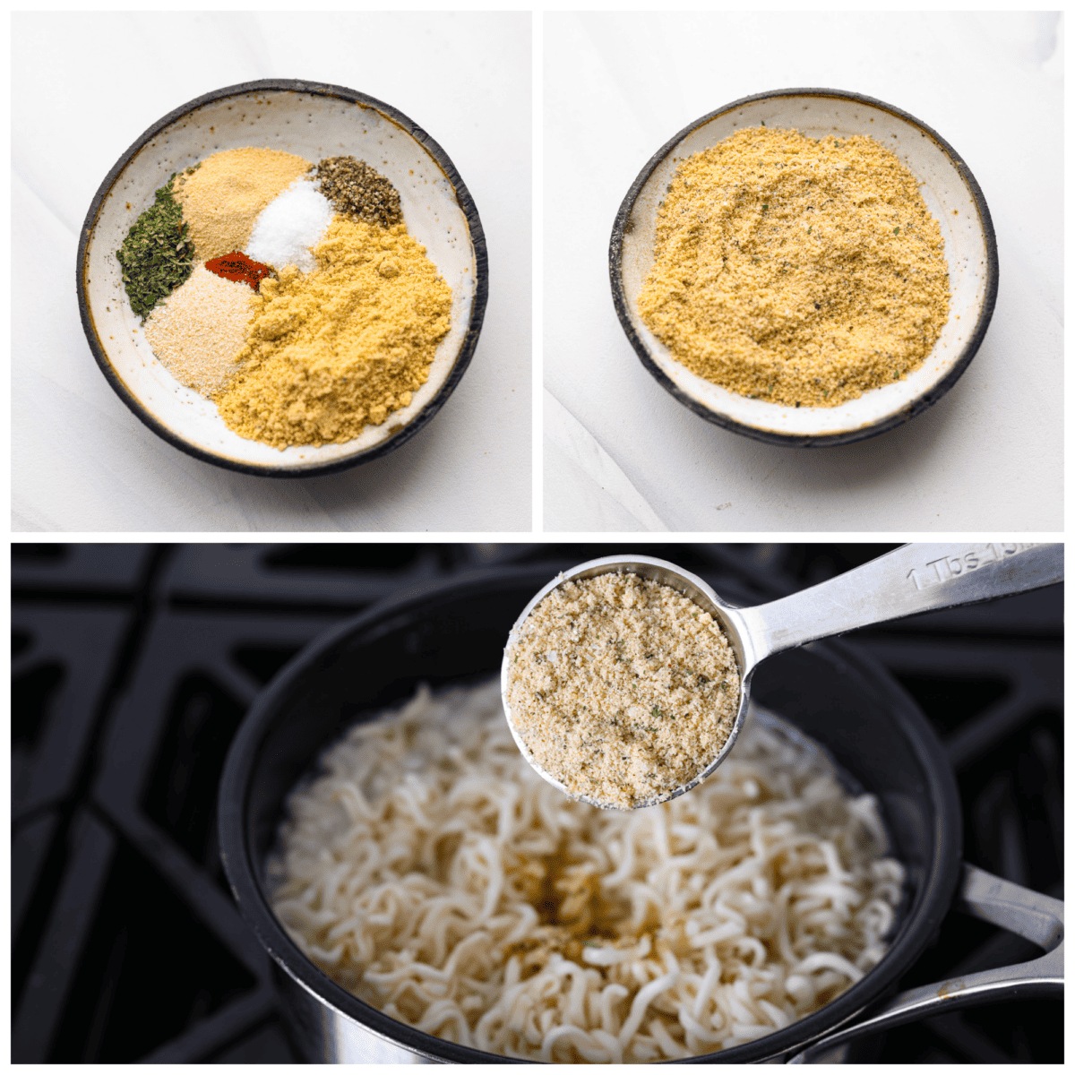 3-photo collage of the seasoning mixture being combined and added to Instant noodles.