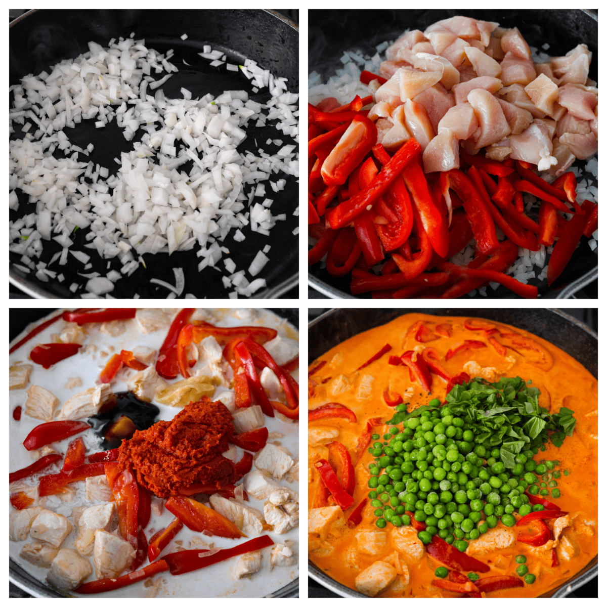 4-photo collage of all of the curry ingredients being cooked together in a skillet.