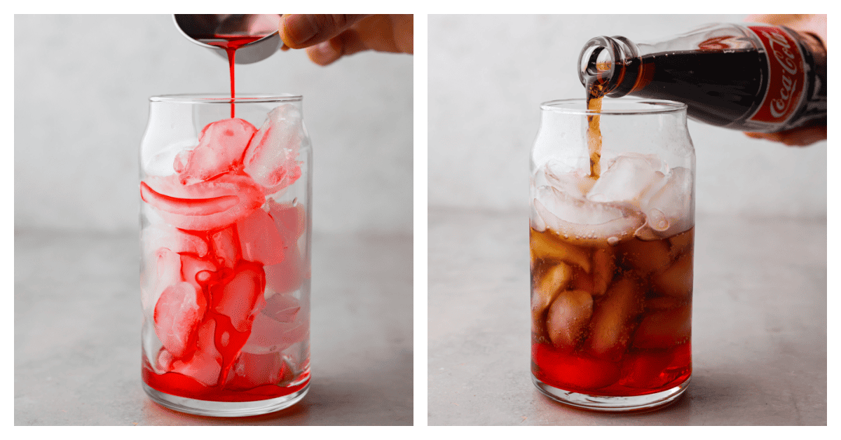 First photo of grenadine syrup pouring into a glass over ice. Second photo of Coke pouring into the glass.