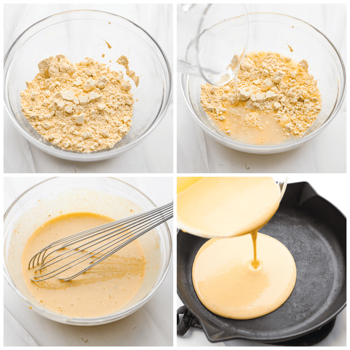 First photo of chickpea flour in a bowl. Second photo of water pouring into the bowl of chickpea flour. Third photo of the batter whisking. Fourth photo of the batter pouring in the skillet.