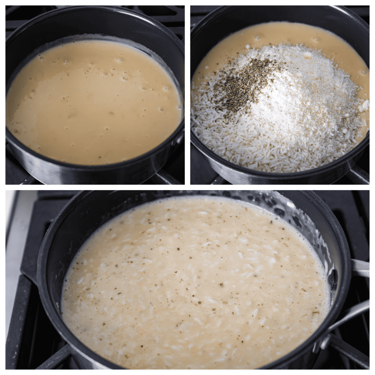3 pictures in a collage showing a pot on the stove and the rice, soup and seasonings being added to it. 
