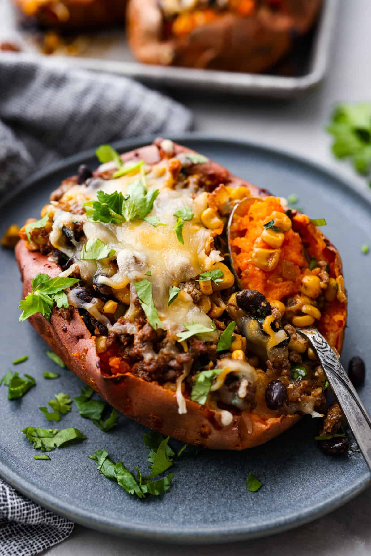 Closeup of a stuffed sweet potato.