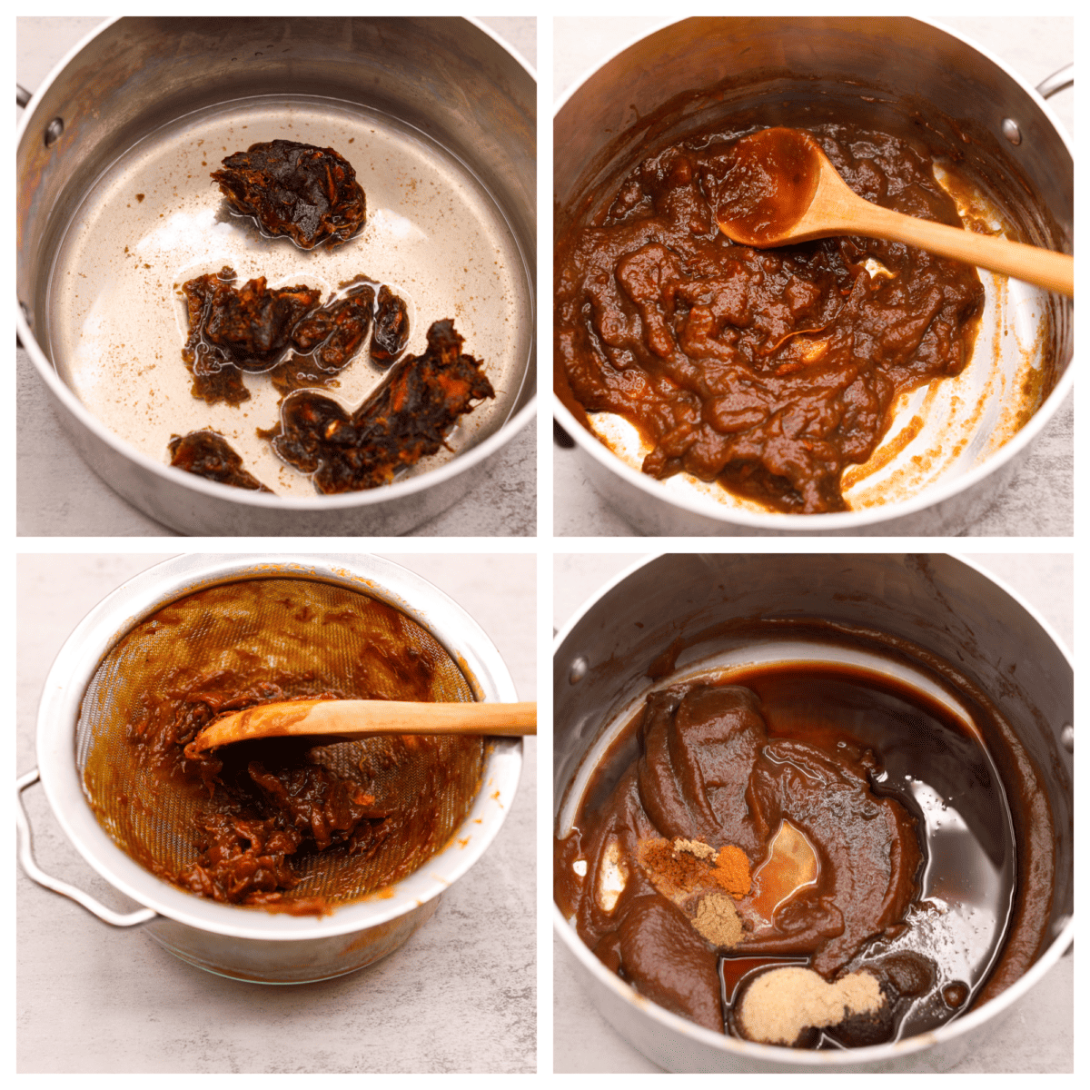 First photo of tamarind pulp in a saucepan. Second photoof the water and tamarind pulp. Third photo of straining the tamarind mixture. Fourth photo of the remaining sauce ingredients added to the saucepan. 