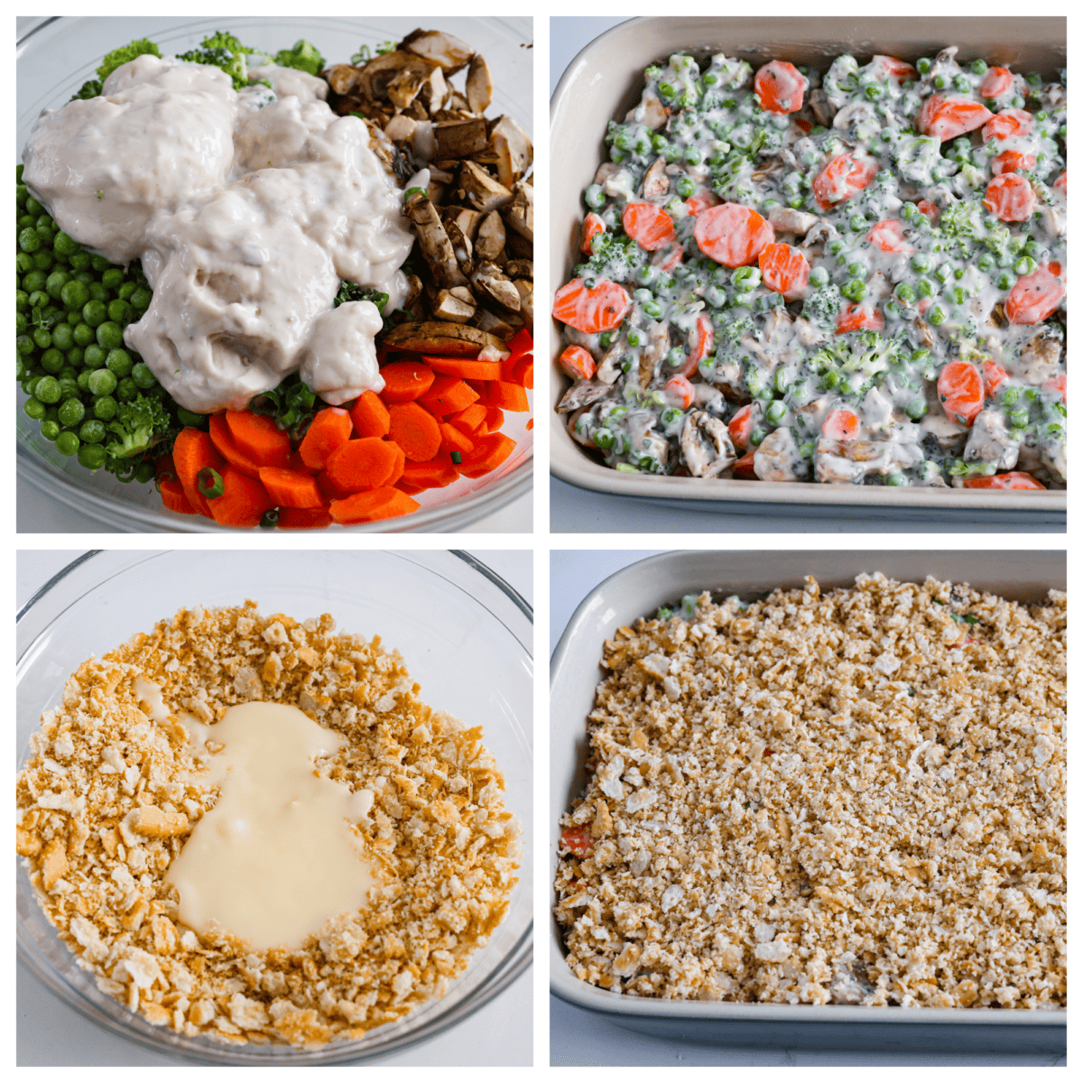 4-photo collage of the vegetables, creamy sauce, and crunchy topping being layered.