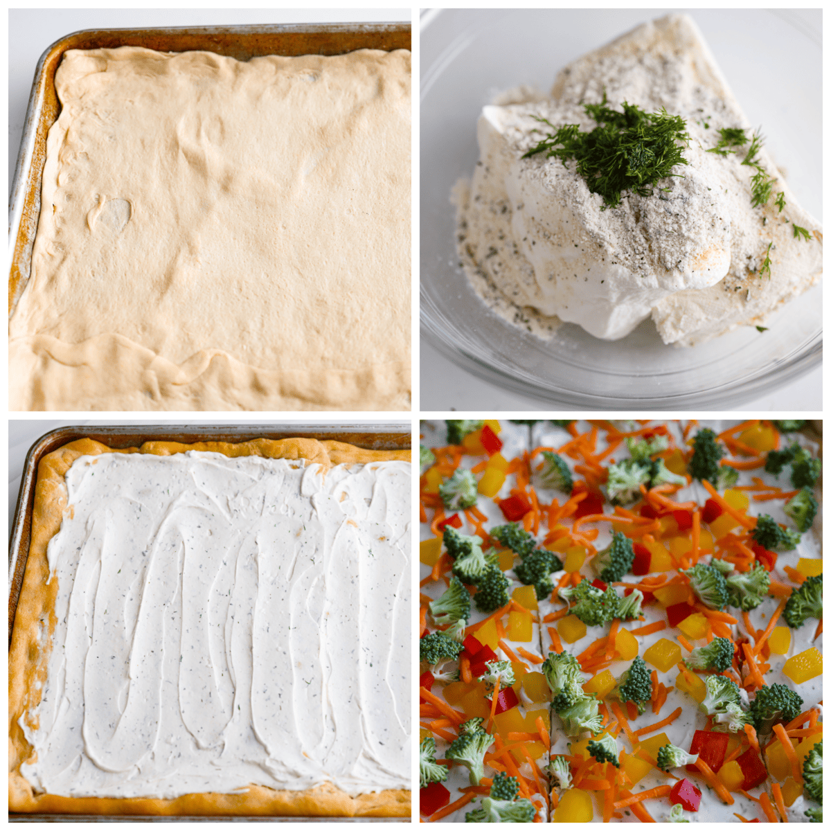 This vegetable pizza is packed with amazing garden-fresh flavor! Vibrant bell peppers are combined with crunchy broccoli florets and fresh dill on a creamy ranch base, all on top of a buttery crescent dough crust. 4-photo collage of the crescent dough crust, ranch spread, and pizza toppings being prepared.