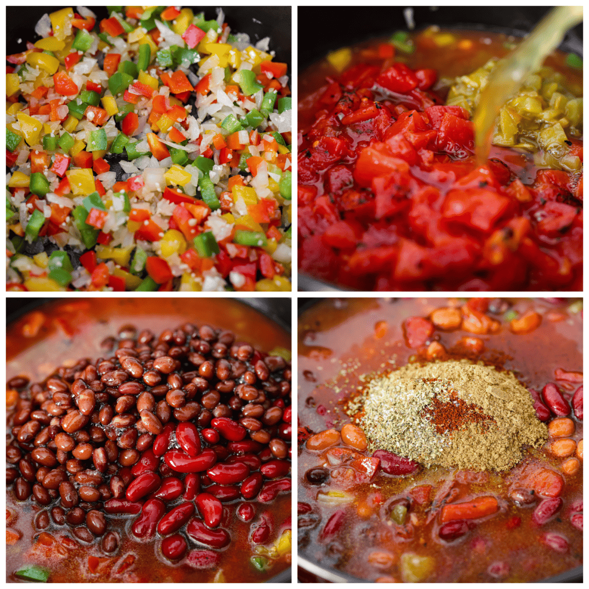 First photo of peppers and onions cooking in a pot. Second photo of the tomatoes, green chilies, and broth added to the pot. Third photo of the beans added to the chili. Fourth photo of the seasonings added to the pot.