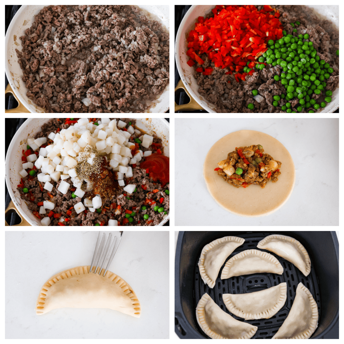 6-photo collage of the empanadas being assembled.