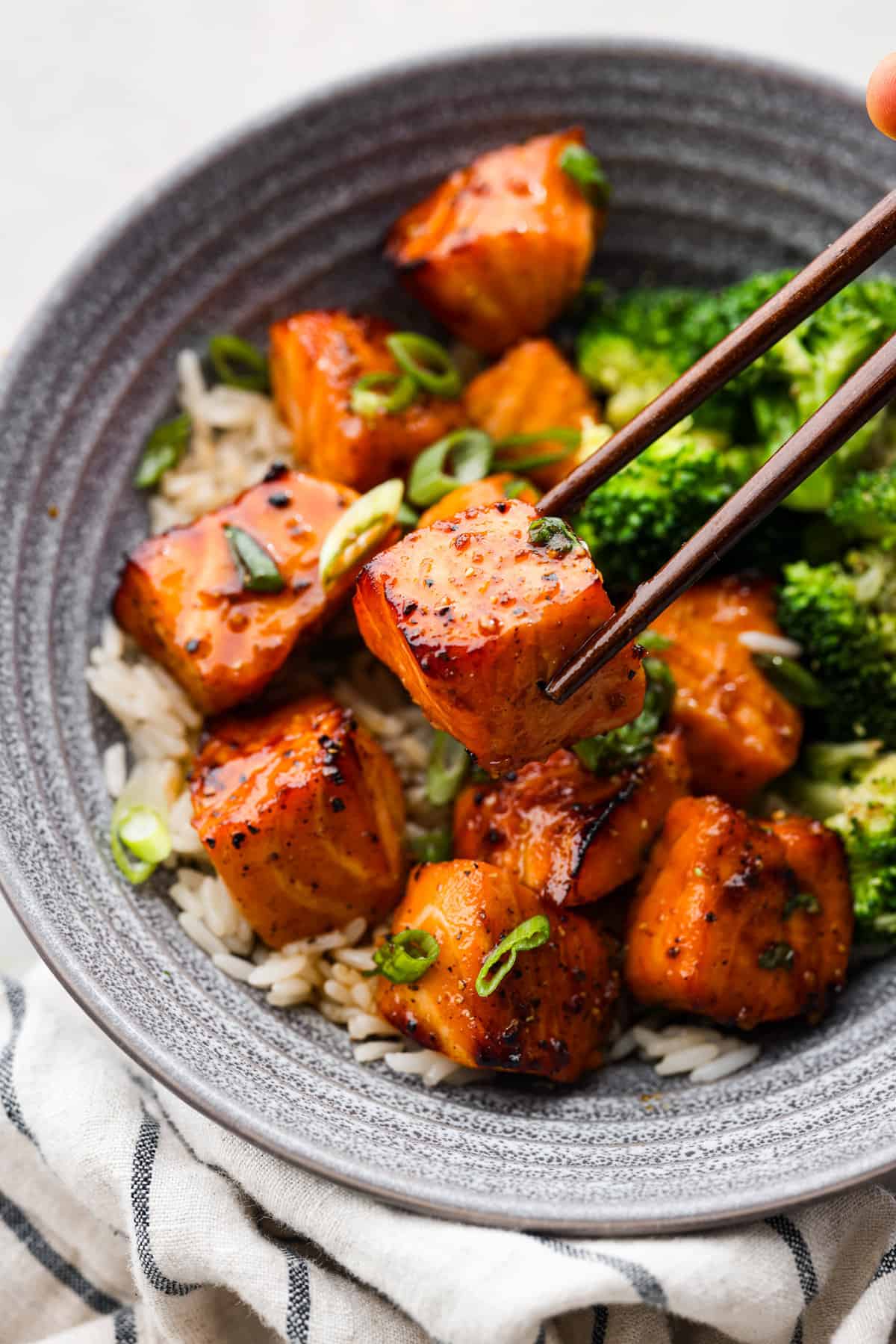 Honey garlic glazed air fryer salmon bites the recipe critic