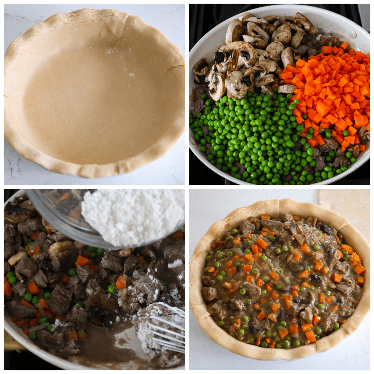 4-photo collage of the beef filling being prepared and added to a pie crust.
