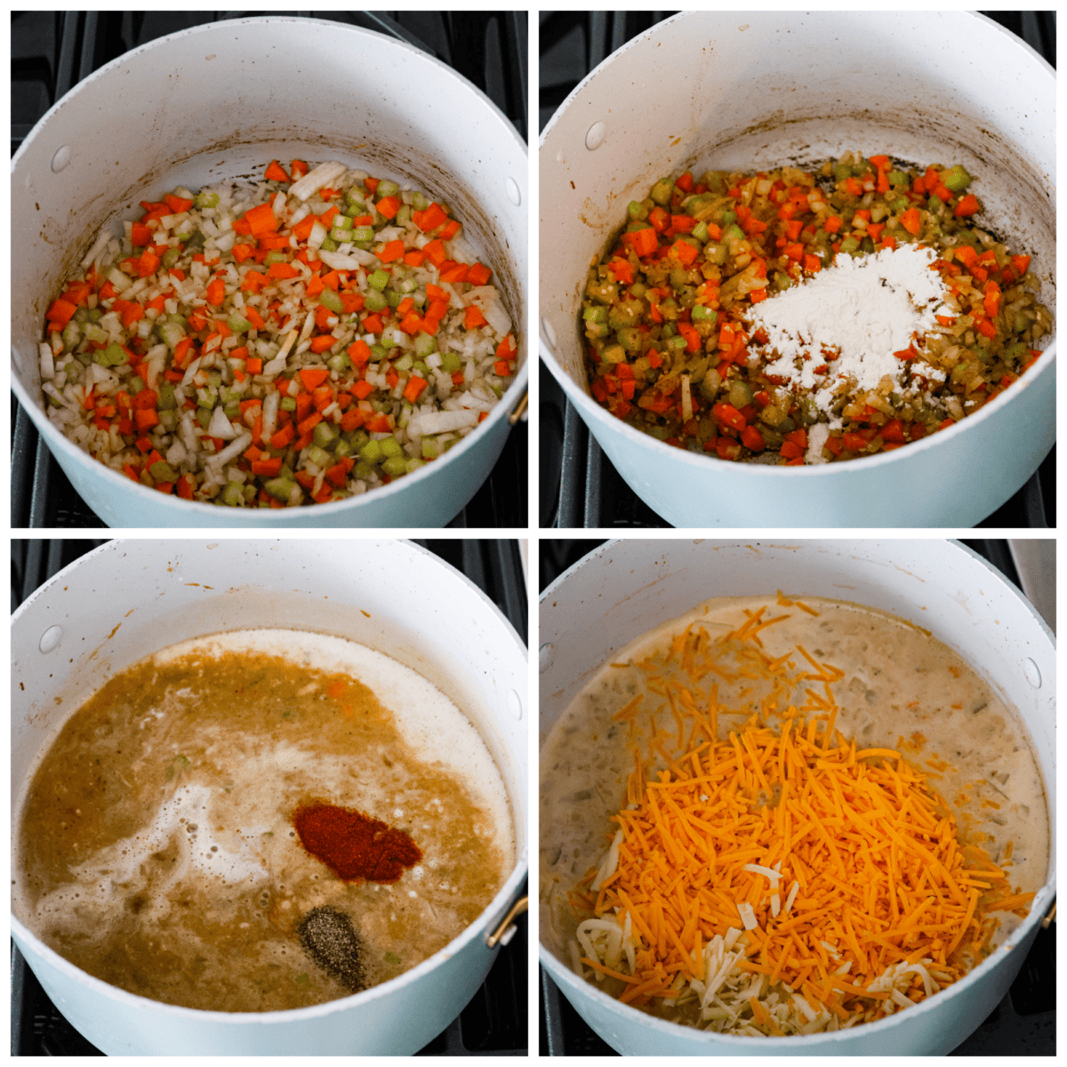 4-photo collage of the soup being prepared on the stove.