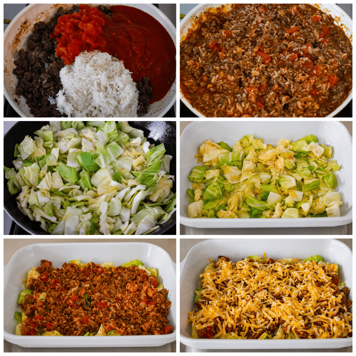 First process photo of the cooked meat, rice, tomatoes, and marinara in a skillet. Second process photo of the meat mixture mixed in a skillet. Third photo of the cabbage cooking in a pan. Fourth photo of the cooked cabbage in a casserole dish. Fifth process photo of the meat mixture layered on top of the cabbage. Sixth process picture of the cheese sprinkled on top.