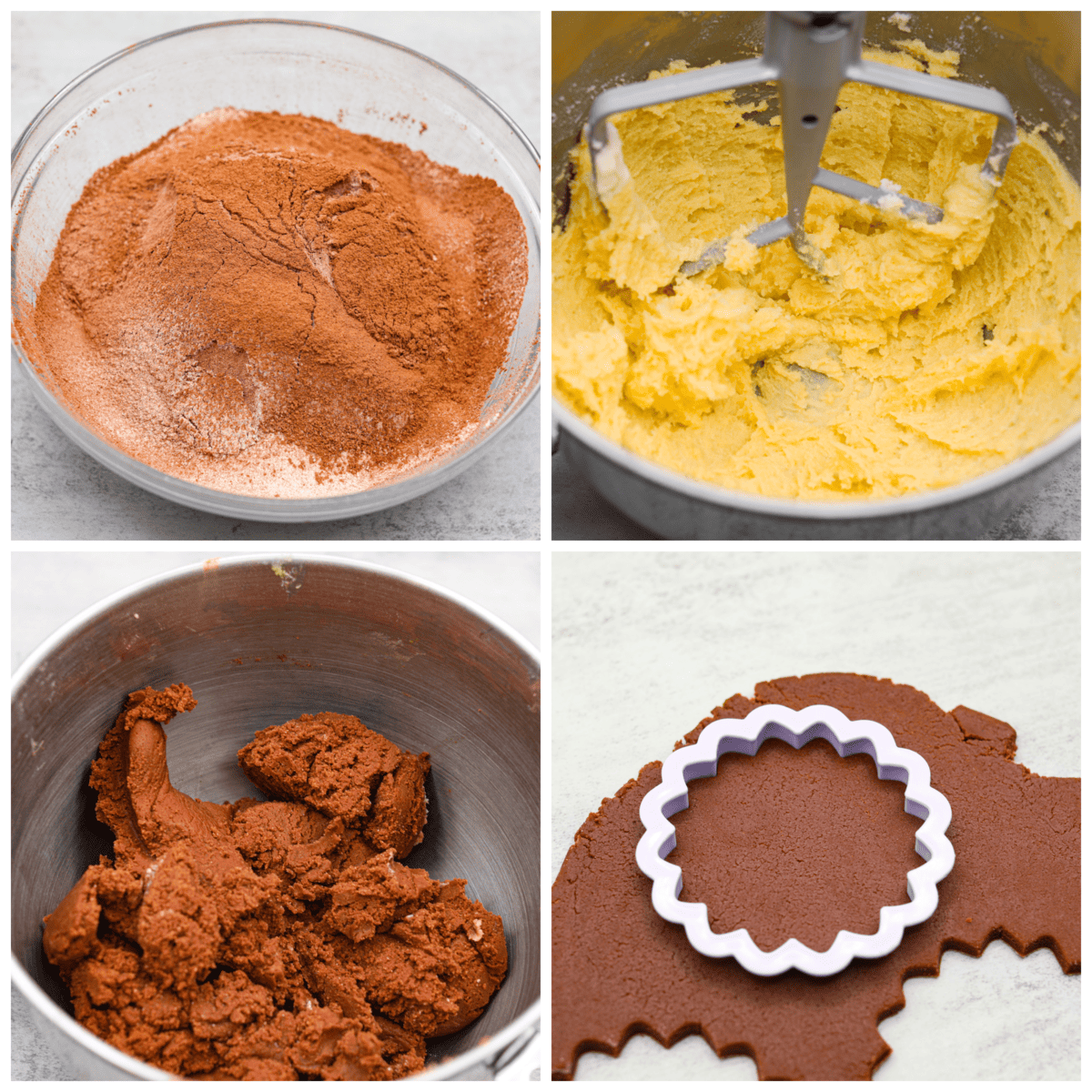 Chocolate sugar cookies are buttery, tender and melt in your mouth with each delicious bite! These are the perfect elevated cookies to cut out and frost for Valentine's Day, or any day! 4-photo collage of the cookie dough being mixed together and cut into shapes.
