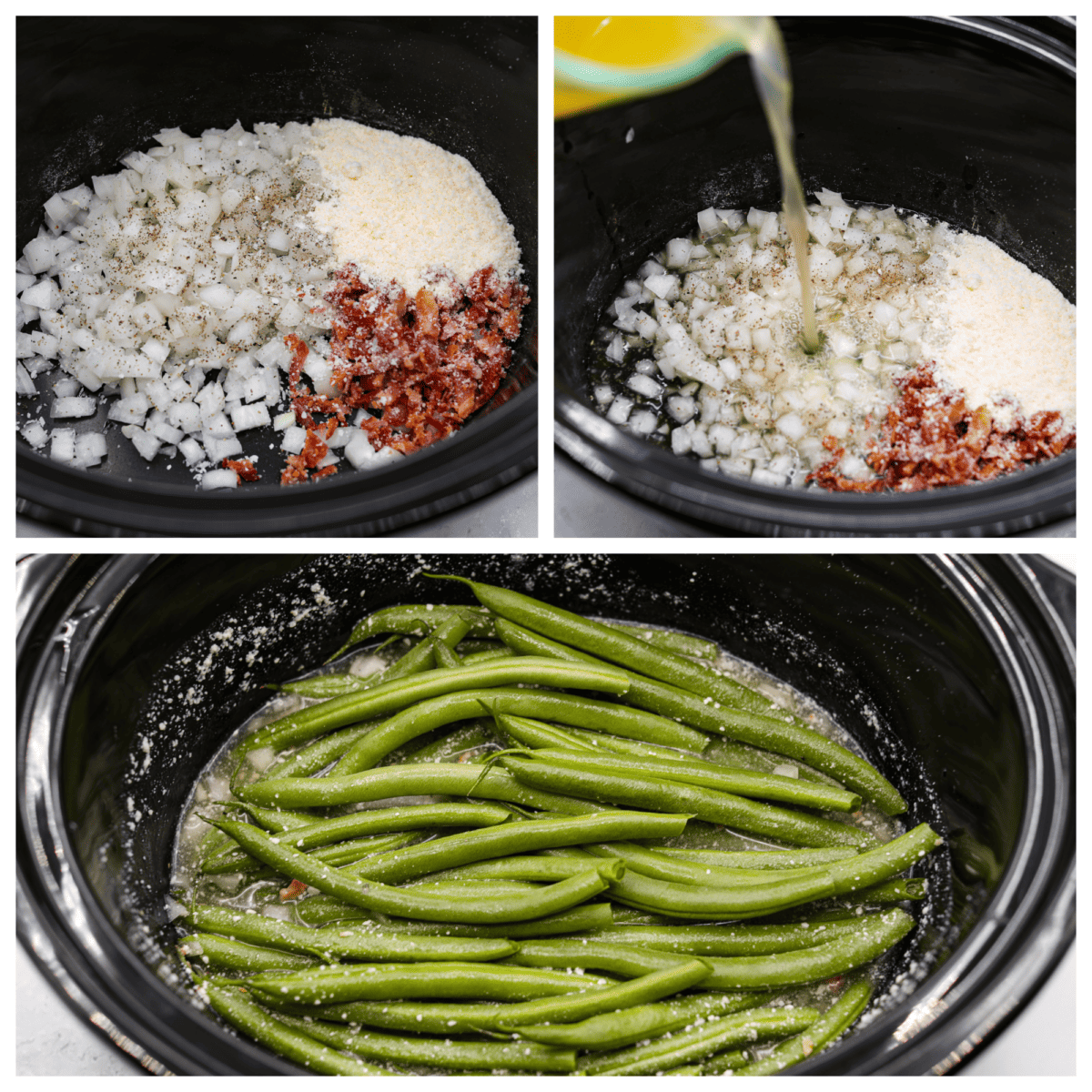 Adding green beans to a Crockpot along with Parmesan cheese, bacon, diced onions, and garlic.
