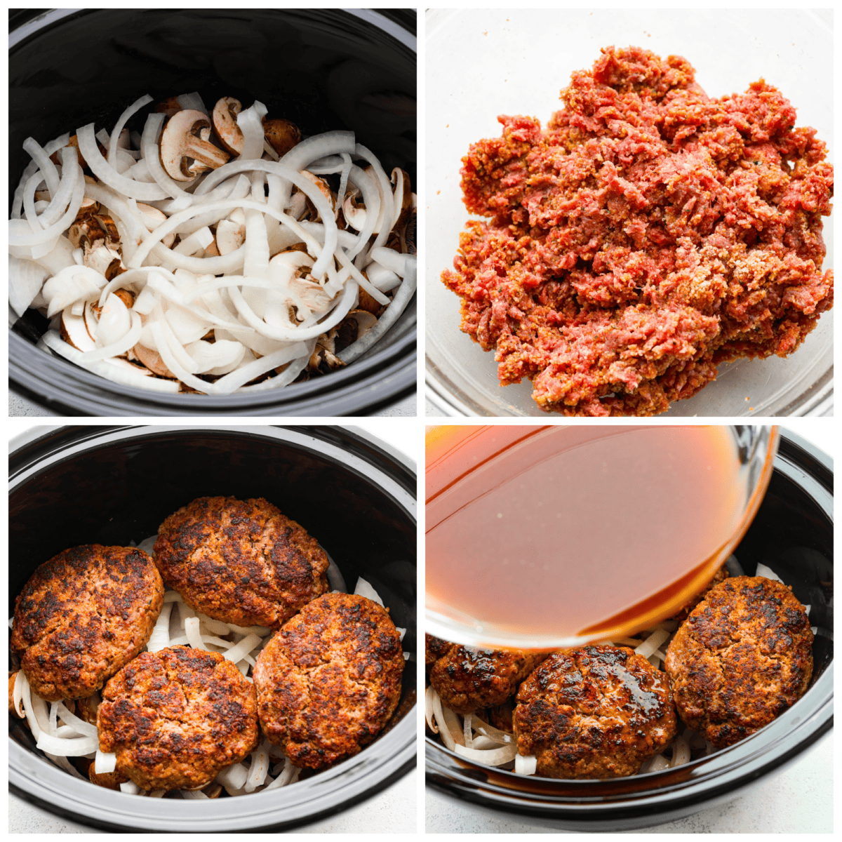 4-photo collage of the vegetables, beef patties, and gravy mixture being added to a Crockpot.
