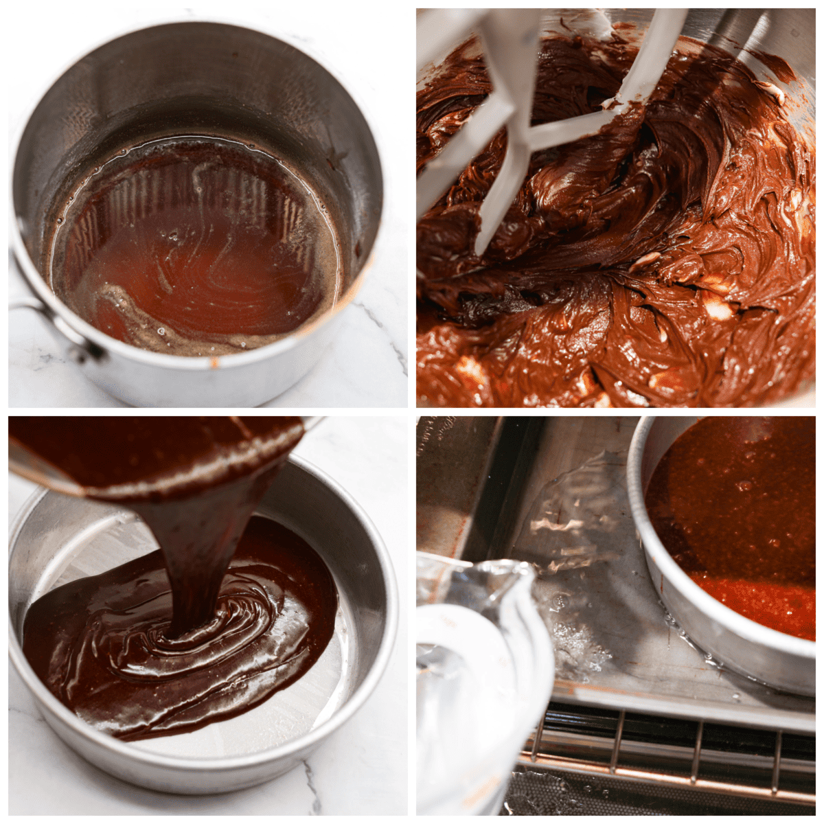 Flourless Chocolate Cake is an insanely rich and delicious chocolate dessert. Similar to the inside of a truffle, this gluten-free dessert will satisfy your sweet tooth with ease! 4-photo collage of the cake batter and water bath being prepared.