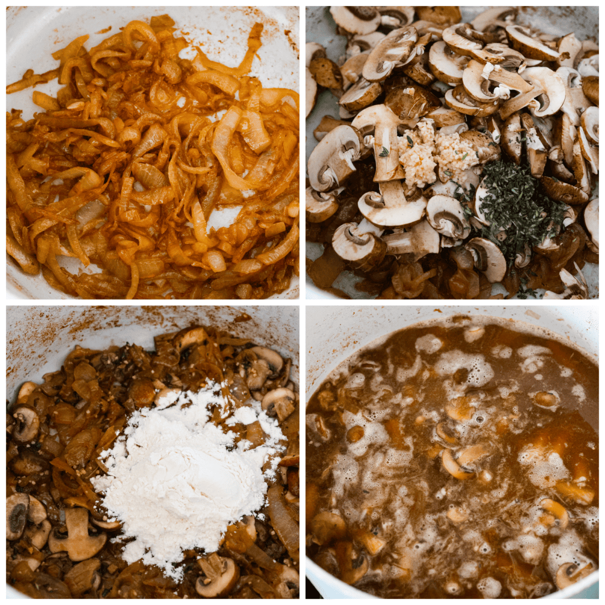 4-photo collage of the onions and mushrooms being cooked together.