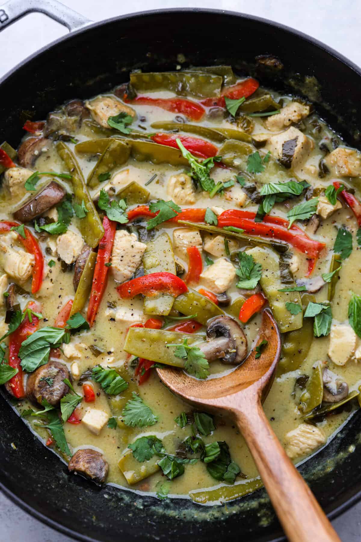 Thai green curry in a skillet.