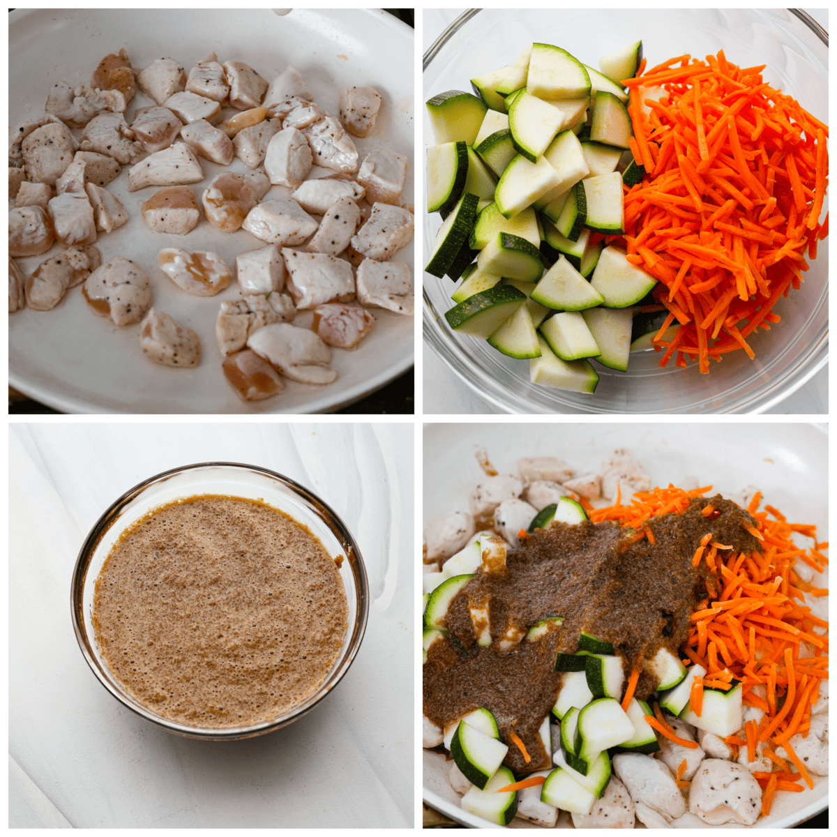 Seared to golden perfection in a savory sauce, you're going to love enjoying this hibachi chicken from the comfort of your kitchen! 4-photo collage of the chicken and vegetables being sauteed and seasoned.