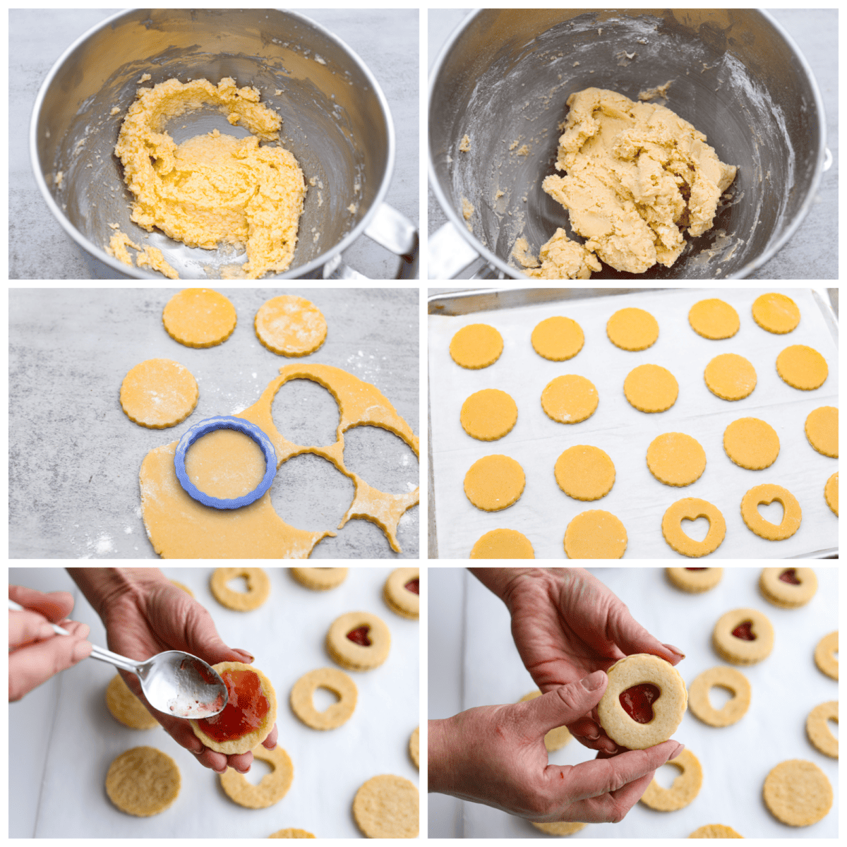 6-photo collage of jammie dodger cookies being prepared.