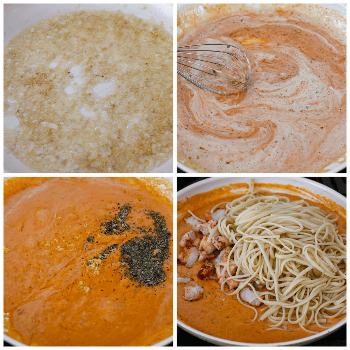 Tender, juicy pieces of lobster tossed in a creamy tomato sauce with linguine noodles. Prepare to be amazed by this restaurant-quality lobster pasta- each bite is a dream! 4-photo collage of the creamy red sauce being prepared, and linguine and lobster being added to it.