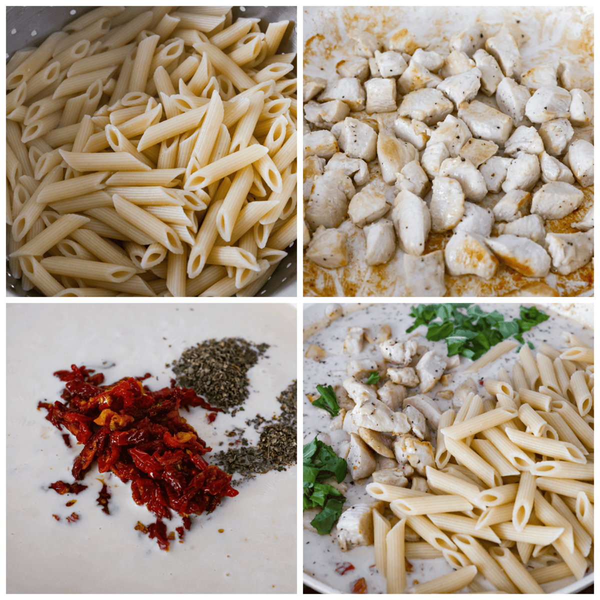 Reader-favorite ‘Marry Me Chicken’ made even better with tender penne pasta! The noodles hold the cheesy, sun-dried tomato sauce inside for a burst of flavor in each bite! It’s sure to win over anyone that tries it. 4-photo collage of the pasta, chicken, and sauce being prepared.