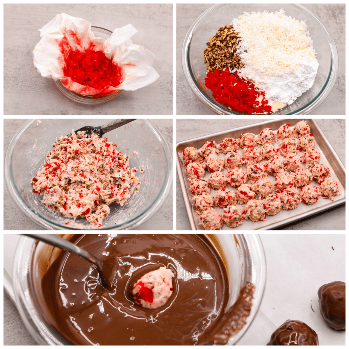 5-photo collage of the chocolate-coated cherry truffles being prepared.